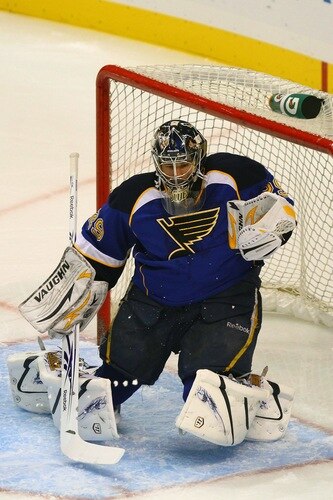 ST. LOUIS - SEPTEMBER 24: Ty Conklin #29 of the St. Louis Blues makes a save against the Minnesota Wild during a pre-season game at the Scottrade Center on September 24, 2010 in St. Louis, Missouri.  <br /><br /><span class="help">(Photo by Dilip Vishwanat/Getty Images)</span>