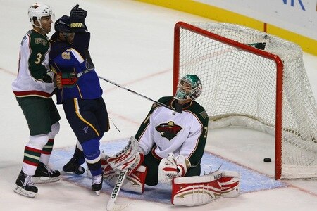 ST. LOUIS - SEPTEMBER 24: Brad Boyes #22 of the  St. Louis Blues scores a goal against Matt Hackett #31 of the Minnesota Wild during a pre-season game at the Scottrade Center on September 24, 2010 in St. Louis, Missouri.  <br /><br /><span class="help">(Photo by Dilip Vishwanat/Getty Images)</span>