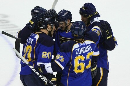 ST. LOUIS - SEPTEMBER 24: Alex Steen #20 of the St. Louis Blues celebrates his goal against the Minnesota Wild during a pre-season game at the Scottrade Center on September 24, 2010 in St. Louis, Missouri.  <br /><br /><span class="help">(Photo by Dilip Vishwanat/Getty Images)</span>