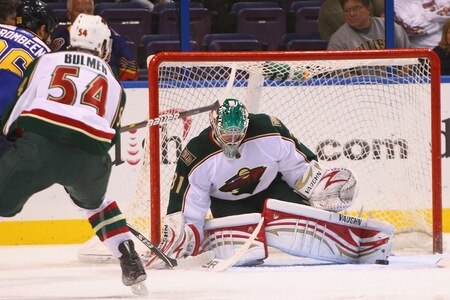 ST. LOUIS - SEPTEMBER 24: Matt Hackett #31 of the Minnesota Wild allows a goal against St. Louis Blues during a pre-season game at the Scottrade Center on September 24, 2010 in St. Louis, Missouri.  <br /><br /><span class="help">(Photo by Dilip Vishwanat/Getty Images)</span>