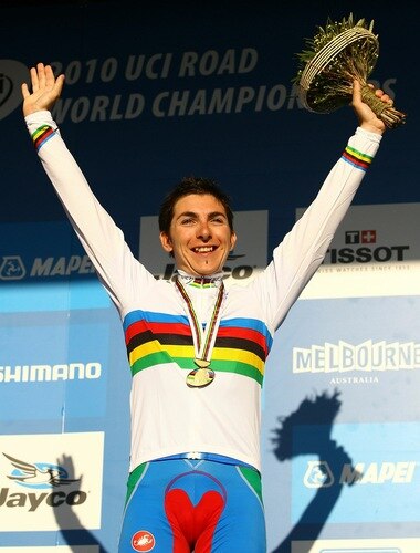 GEELONG, AUSTRALIA - OCTOBER 02:  Giorgia Bronzini of Italy celebrates with her medal during the medal presentation for the Women's Elite Road Race on day four of the UCI Road World Championships on October 2, 2010 in Geelong, Australia.  <br /><br /><span class="help">(Photo by Scott Barbour/Getty Images)</span>
