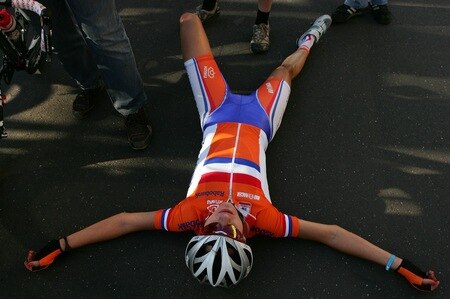 GEELONG, AUSTRALIA - OCTOBER 02:  Marianne Vos of the Netherlands lies on the ground after finishing the Women's Elite Road Race on day four of the UCI Road World Championships on October 2, 2010 in Geelong, Australia.  <br /><br /><span class="help">(Photo by Scott Barbour/Getty Images)</span>