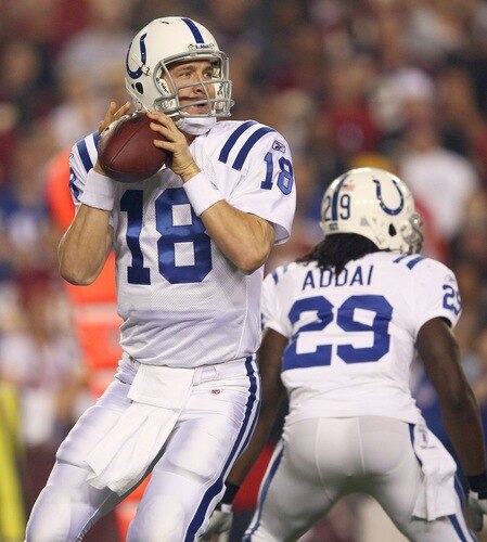 LANDOVER, MD - OCTOBER 17:  Quarterback Peyton Manning #18 of the Indianapolis Colts throws a pass against the Washington Redskins at FedExField on October 17, 2010 in Landover, Maryland.  <br /><br /><span class="help">(Photo by Win McNamee/Getty Images)</span>
