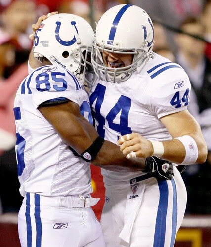 LANDOVER, MD - OCTOBER 17:  Reggie Wayne #85 celebrates scoring a touchdown with teammate Dallas Clark #44 the Indianapolis Colts against the Washington Redskins at FedExField on October 17, 2010 in Landover, Maryland.  <br /><br /><span class="help">(Photo by Win McNamee/Getty Images)</span>