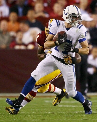 LANDOVER, MD - OCTOBER 17:  Austin Collie #17 of the Indianapolis Colts moves the ball upfield after making a reception against Kareem Moore #41 of the Washington Redskins at FedExField on October 17, 2010 in Landover, Maryland.  <br /><br /><span class="help">(Photo by Win McNamee/Getty Images)</span>