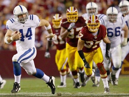 LANDOVER, MD - OCTOBER 17: Dallas Clark #44 of the Indianapolis Colts picks up yards after a reception against the Washington Redskins at FedExField on October 17, 2010 in Landover, Maryland. The Colts won the game 27-24.  <br /><br /><span class="help">(Photo by Win McNamee/Getty Images)</span>