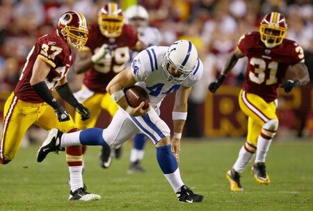 LANDOVER, MD - OCTOBER 17:  Dallas Clark #44 of the Indianapolis Colts picks up yards after a reception against the Washington Redskins at FedExField on October 17, 2010 in Landover, Maryland. The Colts won the game 27-24.  <br /><br /><span class="help">(Photo by Win McNamee/Getty Images)</span>