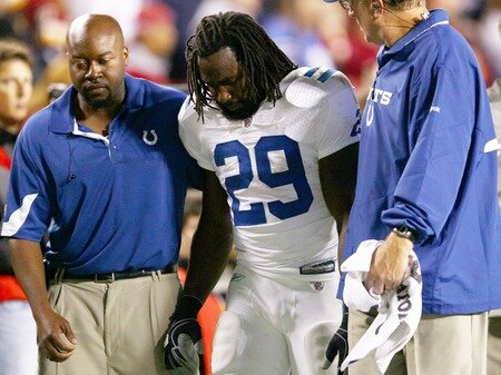 LANDOVER, MD - OCTOBER 17:  Running back Joseph Addai #29 of the Indianapolis Colts is helped off the field after being injured against the Washington Redskins at FedEx Field on October 17, 2010 in Landover, Maryland. The Colts won the game 27-24.  <br /><br /><span class="help">(Photo by Win McNamee/Getty Images)</span>