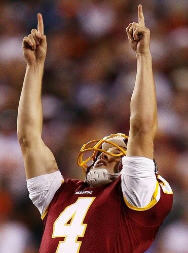 LANDOVER, MD - OCTOBER 17:  Washington Redskins kicker Graham Gano #4 celebrates making a field goal against the Indianapolis Colts at FedEx Field on October 17, 2010 in Landover, Maryland. The Colts won the game 27-24.  <br /><br /><span class="help">(Photo by Win McNamee/Getty Images)</span>