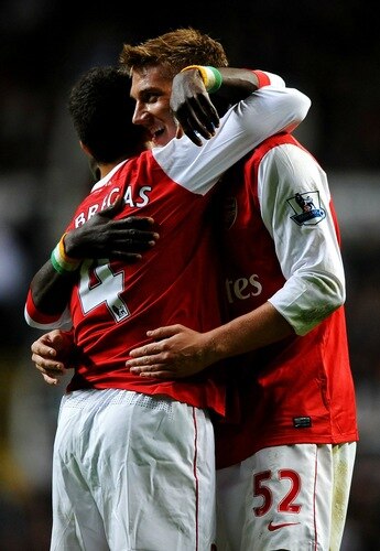 NEWCASTLE UPON TYNE, ENGLAND - OCTOBER 27:  Nicklas Bendtner of Arsenal celebrates scoring his team's third goal with team mate Cesc Fabregas during the Carling Cup Fourth Round match between Newcastle United and Arsenal at St James' Park on October 27, 2010 in Newcastle, England.  <br /><br /><span class="help">(Photo by Laurence Griffiths/Getty Images)</span>