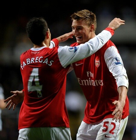 NEWCASTLE UPON TYNE, ENGLAND - OCTOBER 27:  Nicklas Bendtner of Arsenal celebrates scoring his team's third goal with team mate Cesc Fabregas during the Carling Cup Fourth Round match between Newcastle United and Arsenal at St James' Park on October 27, 2010 in Newcastle, England.  <br /><br /><span class="help">(Photo by Laurence Griffiths/Getty Images)</span>