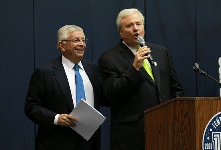MEMPHIS, TN - DECEMBER 15: NBA commissioner David Stern and Chris Wallace general manager of the Memphis Grizzlies address Memphis Grizzlies season ticket holders before a game against the Charlotte Bobcats on December 15, 2010 at FedExForum in Memphis, Tennessee.  <br /><br /><span class="help">(Photo by Joe Murphy/NBAE via Getty Images)</span>