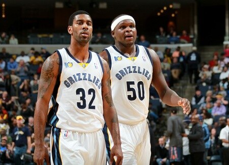 MEMPHIS, TN - DECEMBER 15: O.J. Mayo #32 and Zach Randolph #50 of the Memphis Grizzlies walk together during a game against the Charlotte Bobcats on December 15, 2010 at FedExForum in Memphis, Tennessee.  <br /><br /><span class="help">(Photo by Joe Murphy/NBAE via Getty Images)</span>