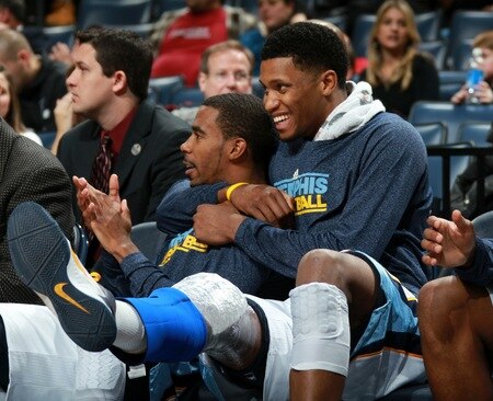 MEMPHIS, TN - DECEMBER 15: Rudy Gay and Mike Conley of the Memphis Grizzlies celebrate from the bench during a game against the Charlotte Bobcats on December 15, 2010 at FedExForum in Memphis, Tennessee.  <br /><br /><span class="help">(Photo by Joe Murphy/NBAE via Getty Images)</span>