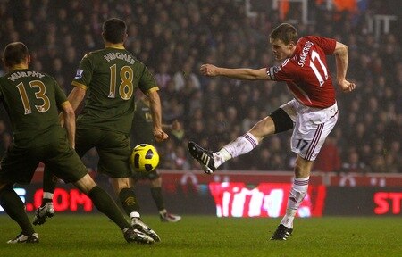STOKE ON TRENT, ENGLAND - DECEMBER 28:   Ryan Shawcross of Stoke City shoots at goal during the Barclays Premier League match between Stoke City and Fulham at Britannia Stadium on December 28, 2010 in Stoke on Trent, England.  <br /><br /><span class="help">(Photo by Clive Brunskill/Getty Images)</span>