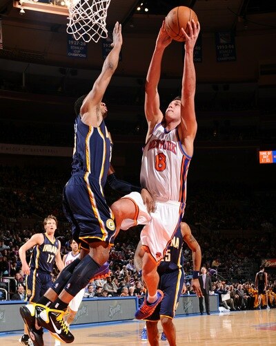NEW YORK, NY - JANUARY 2: Danilo Gallinari #8 of the New York Knicks shoots against Danny Granger #33 of the Indiana Pacers during a game on January 2, 2011 at Madison Square Garden in New York City.  <br /><br /><span class="help">(Photo by David Dow/NBAE via Getty Images)</span>