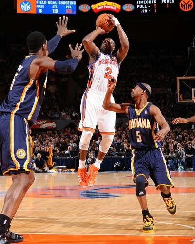 NEW YORK, NY - JANUARY 2: Raymond Felton #2 of the New York Knicks shoots against Roy Hibbert #55 of the Indiana Pacers during a game on January 2, 2011 at Madison Square Garden in New York City.  <br /><br /><span class="help">(Photo by David Dow/NBAE via Getty Images)</span>