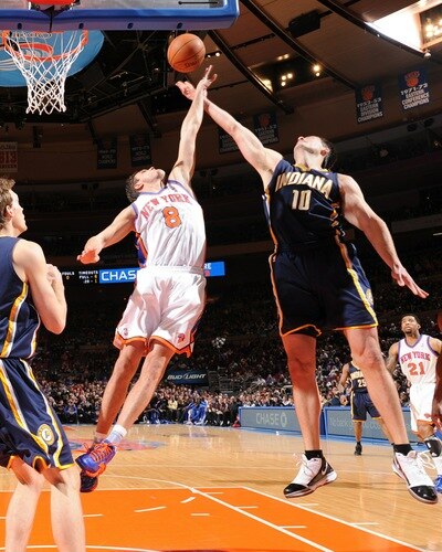 NEW YORK, NY - JANUARY 2: Danilo Gallinari #8 of the New York Knicks and Jeff Foster #10 of the Indiana Pacers go up for a rebound during a game on January 2, 2011 at Madison Square Garden in New York City.  <br /><br /><span class="help">(Photo by David Dow/NBAE via Getty Images)</span>