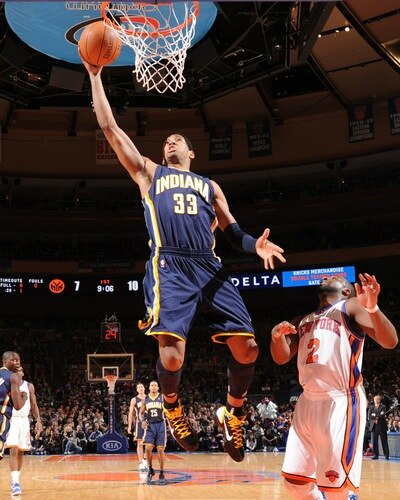 NEW YORK, NY - JANUARY 2: Danny Granger #33 of the Indiana Pacers dunks against Raymond Felton #2 of the New York Knicks during a game on January 2, 2011 at Madison Square Garden in New York City.  <br /><br /><span class="help">(Photo by David Dow/NBAE via Getty Images)</span>