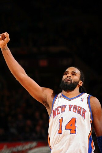 NEW YORK, NY - JANUARY 2: Ronny Turiaf #14 of the New York Knicks celebrates during a game against the Indiana Pacers on January 2, 2011 at Madison Square Garden in New York City.  <br /><br /><span class="help">(Photo by David Dow/NBAE via Getty Images)</span>