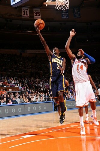 NEW YORK, NY - JANUARY 2: Darren Collison #2 of the Indiana Pacers shoots against Ronny Turiaf #14 of the New York Knicks during a game on January 2, 2011 at Madison Square Garden in New York City.  <br /><br /><span class="help">(Photo by David Dow/NBAE via Getty Images)</span>