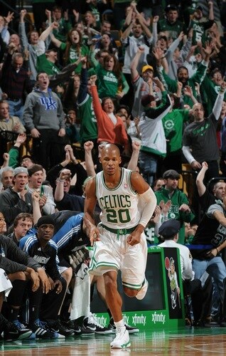 BOSTON, MA - JANUARY 3: Ray Allen #20 of the Boston Celtics scores a three point shot against the Minnesota Timberwolves on January 3, 2011 at the TD Garden in Boston, Massachusetts.  <br />
<br />
(Photo by Steve Babineau/NBAE via Getty Images) *** Local Caption *** Ray Allen 