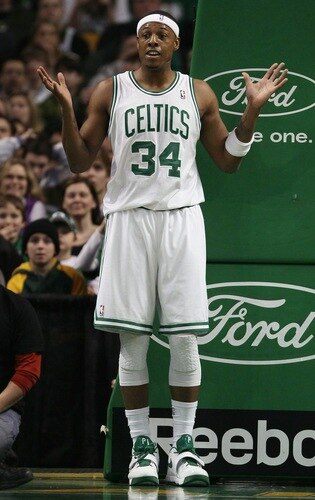 BOSTON, MA - JANUARY 07:  Paul Pierce #34 of the Boston Celtics reacts after he is called for a foul in the first half against the Toronto Raptors on January 7, 2011 at the TD Garden in Boston, Massachusetts. <br />
<br />
(Photo by Elsa/Getty Images)