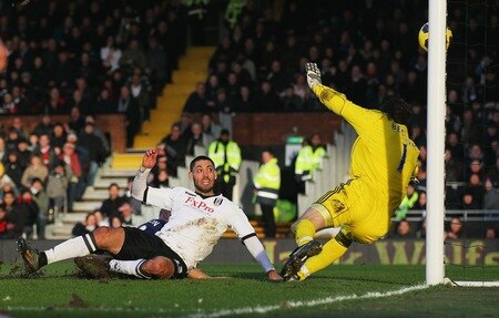 LONDON, ENGLAND - JANUARY 22:  Clint Dempsey of Fulham scores the opening goal during the Barclays Premier League match between Fulham and Stoke City at Craven Cottage on January 22, 2011 in London, England.  <br /><br /><span class="help">(Photo by Clive Rose/Getty Images)</span>