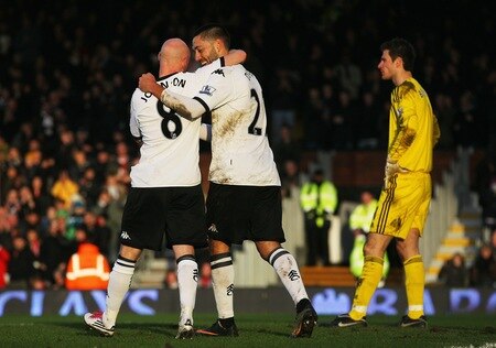 LONDON, ENGLAND - JANUARY 22:  Goalscorer Clint Dempsey of Fulham celebrates with Andrew Johnson (L) during the Barclays Premier League match between Fulham and Stoke City at Craven Cottage on January 22, 2011 in London, England.  <br /><br /><span class="help">(Photo by Clive Rose/Getty Images)</span>