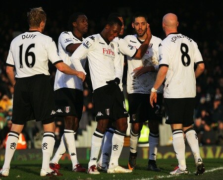 LONDON, ENGLAND - JANUARY 22:  Goalscorer Clint Dempsey (2ndR) of Fulham celebrates his goal with team mates during the Barclays Premier League match between Fulham and Stoke City at Craven Cottage on January 22, 2011 in London, England.  <br /><br /><span class="help">(Photo by Clive Rose/Getty Images)</span>