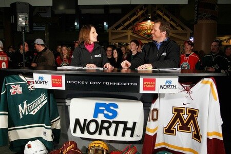 SAINT PAUL, MN - FEBRUARY 12: FSN anchors (L-R) Marney Gellner and Tom Chorske talk during a commercial break prior to the game between the Minnesota Wild and the St. Louis Blues at Xcel Energy Center on February 12, 2011 in Saint Paul, Minnesota.  <br /><br /><span class="help">(Photo by Bruce Kluckhohn/NHLI via Getty Images)</span>