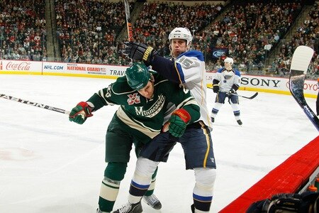 SAINT PAUL, MN - FEBRUARY 12: Eric Nystrom #23 of the Minnesota Wild and Brad Winchester #15 of the St. Louis Blues collide during the game at Xcel Energy Center on February 12, 2011 in Saint Paul, Minnesota.  <br /><br /><span class="help">(Photo by Bruce Kluckhohn/NHLI via Getty Images)</span>