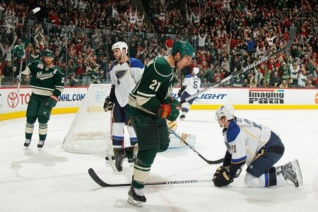 SAINT PAUL, MN - FEBRUARY 12: Kyle Brodziak #21 of the Minnesota Wild celebrates after scoring a goal against the St. Louis Blues during the game at Xcel Energy Center on February 12, 2011 in Saint Paul, Minnesota.  <br /><br /><span class="help">(Photo by Bruce Kluckhohn/NHLI via Getty Images)</span>