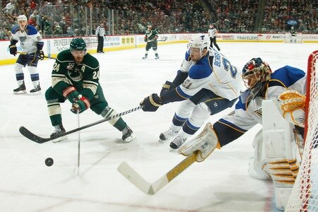 SAINT PAUL, MN - FEBRUARY 12: Martin Havlat #24 of the Minnesota Wild attempts to score but is stopped by the defense of Patrik Berglund #21 and goalie Jaroslav Halak #41 of the St. Louis Blues during the game at Xcel Energy Center on February 12, 2011 in Saint Paul, Minnesota.  <br /><br /><span class="help">(Photo by Bruce Kluckhohn/NHLI via Getty Images)</span>