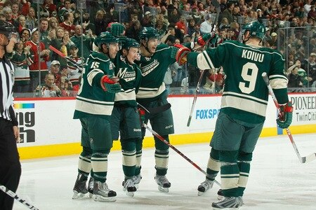 SAINT PAUL, MN - FEBRUARY 12: (L-R) Andrew Brunette #15, Antti Miettinen #20, Brent Burns #8, and Mikko Koivu #9 of the Minnesota Wild celebrate after scoring a goal against the St. Louis Blues during the game at Xcel Energy Center on February 12, 2011 in Saint Paul, Minnesota.  <br /><br /><span class="help">(Photo by Bruce Kluckhohn/NHLI via Getty Images)</span>