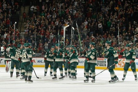 SAINT PAUL, MN - FEBRUARY 12: The Minnesota Wild celebrate after defeating the St. Louis Blues for the second time in two days following the game at Xcel Energy Center on February 12, 2011 in Saint Paul, Minnesota.  <br /><br /><span class="help">(Photo by Bruce Kluckhohn/NHLI via Getty Images)</span>