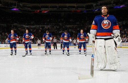 UNIONDALE, NY - FEBRUARY 26:  Goaltender Al Montoya #35 of the New York Islanders stands for the national anthem with his teammates behind him in a game against the Washington Capitals on February 26, 2011 at Nassau Coliseum in Uniondale, New York.  <br /><br /><span class="help">(Photo by Mike Stobe/NHLI via Getty Images)</span>