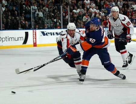 UNIONDALE, NY - FEBRUARY 26: Michael Grabner #40 of the New York Islanders shoots the puck as John Erskine #4 of the Washington Capitals tries to check him at the Nassau Coliseum on February 26, 2011 in Uniondale, New York.  <br /><br /><span class="help">(Photo by Bruce Bennett/Getty Images)</span>
