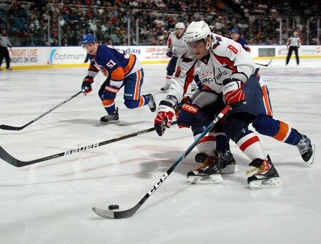 UNIONDALE, NY - FEBRUARY 26: Alex Ovechkin #8 of the Washington Capitals carries the puck against the New York Islanders at the Nassau Coliseum on February 26, 2011 in Uniondale, New York.  The Washington Capitals defeated the New York Islanders 3-2. <br /><br /><span class="help">(Photo by Bruce Bennett/Getty Images)</span>