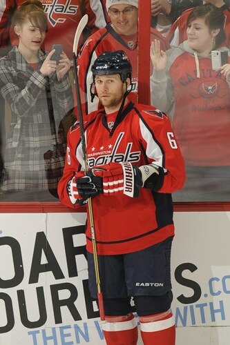 WASHINGTON, DC - MARCH 1:  Dennis Wideman #6 of the Washington Capitals looks on during warm ups of a NHL hockey game against the New York Islanders on March 1, 2011 at the Verizon Center in Washington, DC.  <br /><br /><span class="help">(Photo by Mitchell Layton/NHLI via Getty Images)</span>