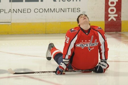 WASHINGTON, DC - March 1:  Alexander Semin #28 of the Washington Capitals stretches during warm ups of a NHL hockey game against the New York Islanders on March 1, 2011 at the Verizon Center in Washington, DC.  <br /><br /><span class="help">(Photo by Mitchell Layton/NHLI via Getty Images)</span>