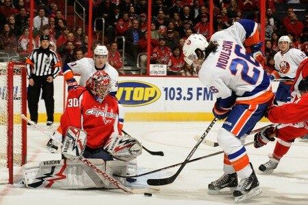 WASHINGTON, DC - MARCH 1:  Michal Neuvirth #30 of the Washington Capitals makes a save on a shot by Matt Moulson #26 of the NewYork Islanders during the first period of a NHL hockey game on March 1, 2011 at the Verizon Center in Washington, DC.  <br /><br /><span class="help">(Photo by Mitchell Layton/NHLI via Getty Images)</span>