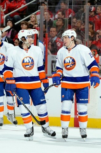 WASHINGTON, DC - MARCH 01:  Matt Moulson #26 of the New York Islanders celebrates with PA Parenteau #15 after scoring in the second period against the Washington Capitals at the Verizon Center on March 1, 2011 in Washington, DC.  <br /><br /><span class="help">(Photo by Greg Fiume/Getty Images)</span>