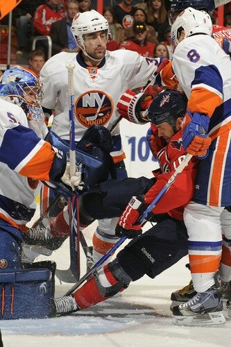 WASHINGTON, DC - MARCH 1: Marco Sturm #18 of the Washington Capitals tiries to get off a shot during a NHL hockey game against the New York Islanders on March 1, 2011 at the Verizon Center in Washington, DC.  <br /><br /><span class="help">(Photo by Mitchell Layton/NHLI via Getty Images)</span>