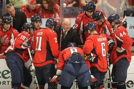 WASHINGTON, DC - MARCH 1:  Head coach Bruce Boudreau of the Washington Capitals talks to his players during a time out in the third period of a NHL hockey game against the New York Islanders on March 1, 2011 at the Verizon Center in Washington, DC.  <br /><br /><span class="help">(Photo by Mitchell Layton/NHLI via Getty Images)</span>