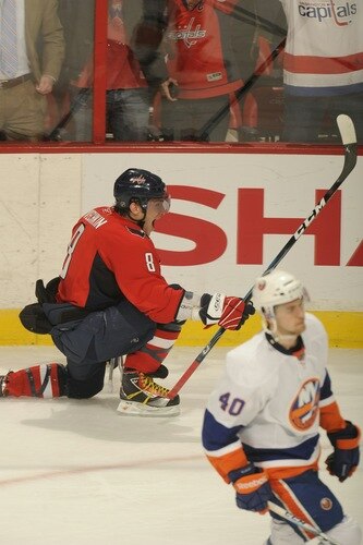 WASHINGTON, DC - MARCH 1:  Alex Ovechkin #8 of the Washington Capitals celebrates scoring game win goal during overtime of a NHL hockey game against the New York Islanders on March 1, 2011 at the Verizon Center in Washington, DC.  The Capitals won 2-1.  <br /><br /><span class="help">(Photo by Mitchell Layton/NHLI via Getty Images)</span>