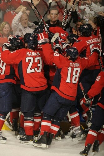 WASHINGTON, DC - MARCH 1:  The Washington Capitals celebrate game winning goal during overtime og a NHL hockey game against the New York Islanders on March 1, 2011 at the Verizon Center in Washington, DC  The Capitals won 2-1. <br /><br /><span class="help">(Photo by Mitchell Layton/NHLI via Getty Images)</span>