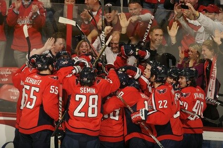 WASHINGTON, DC - MARCH 1:  The Washington Capitals celebrate game winning goal during overtime og a NHL hockey game against the New York Islanders on March 1, 2011 at the Verizon Center in Washington, DC  The Capitals won 2-1. <br /><br /><span class="help">(Photo by Mitchell Layton/NHLI via Getty Images)</span>