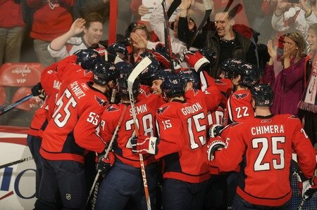 WASHINGTON, DC - MARCH 1:  The Washington Capitals celebrate game winning goal during overtime og a NHL hockey game against the New York Islanders on March 1, 2011 at the Verizon Center in Washington, DC  The Capitals won 2-1. <br /><br /><span class="help">(Photo by Mitchell Layton/NHLI via Getty Images)</span>