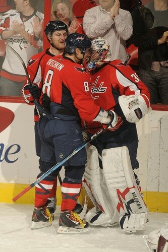 WASHINGTON, DC - MARCH 1:  ALex Ovechkin #8 and Michal Neuvirth #30 Washington Capitals celebrate game winning goal during overtime og a NHL hockey game against the New York Islanders on March 1, 2011 at the Verizon Center in Washington, DC  The Capitals won 2-1. <br /><br /><span class="help">(Photo by Mitchell Layton/NHLI via Getty Images)</span>